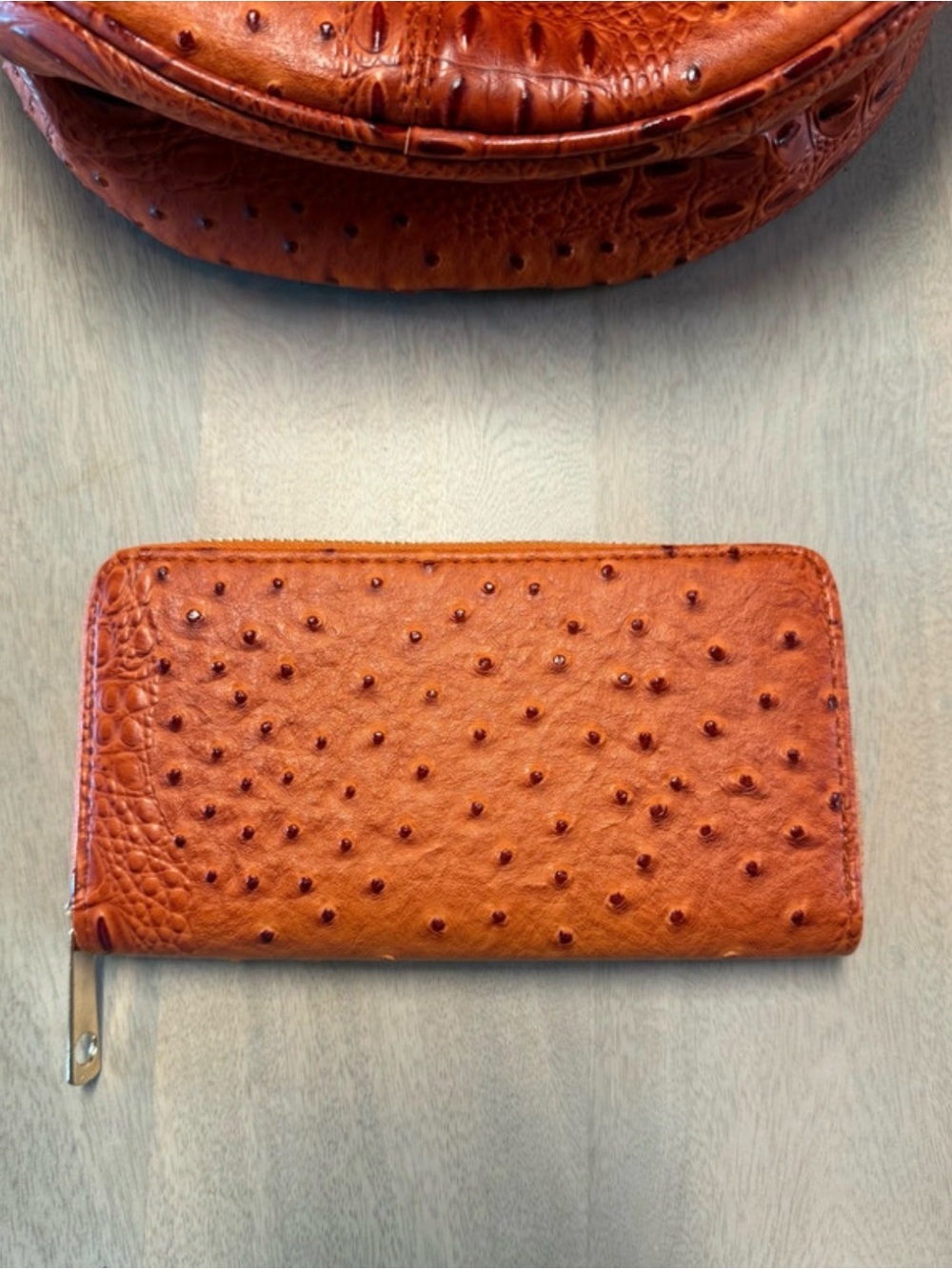 Round Ostrich-Texture Faux Leather Backpack Purse & Matching Wallet - Picture 10 of 11